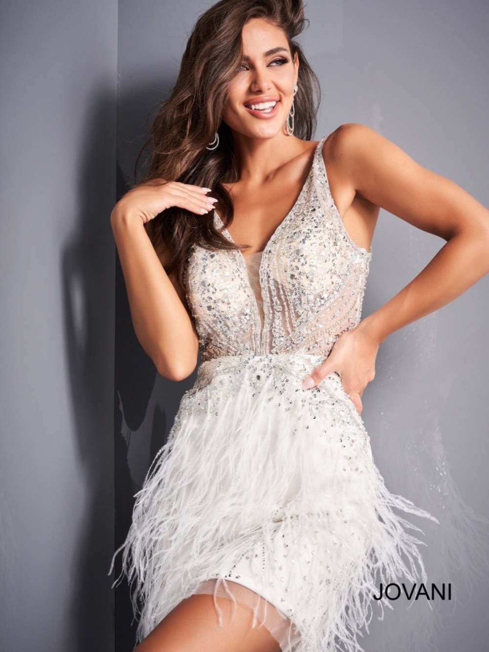 🤍 Jovani White Feather & Sequin Mini Dress